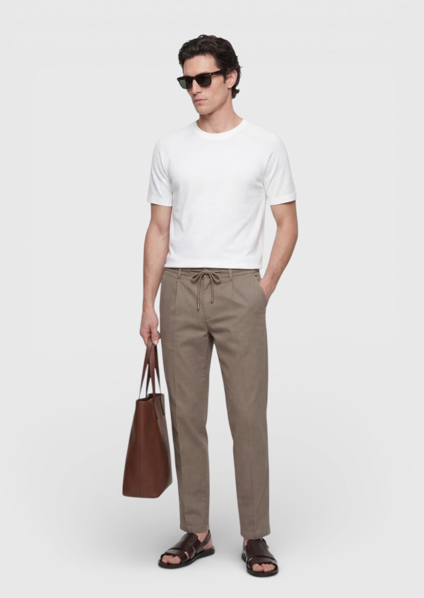 Khaki Weaving Jogging Fit Casual Linen Blended Trousers - 1
