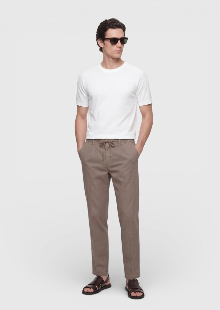 Khaki Weaving Jogging Fit Casual Linen Blended Trousers - 3