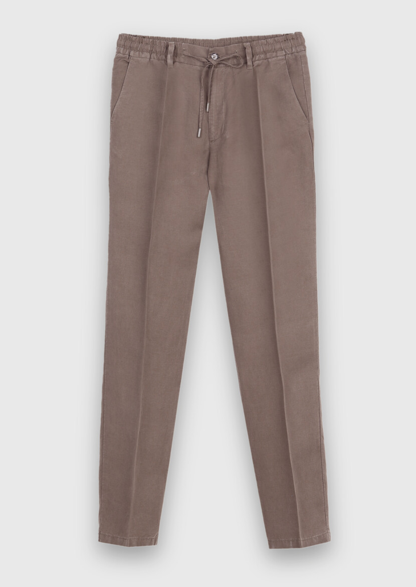 Khaki Weaving Jogging Fit Casual Linen Blended Trousers - 5