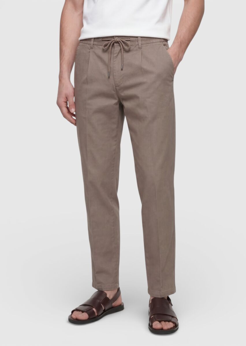 Khaki Weaving Jogging Fit Casual Linen Blended Trousers - 2