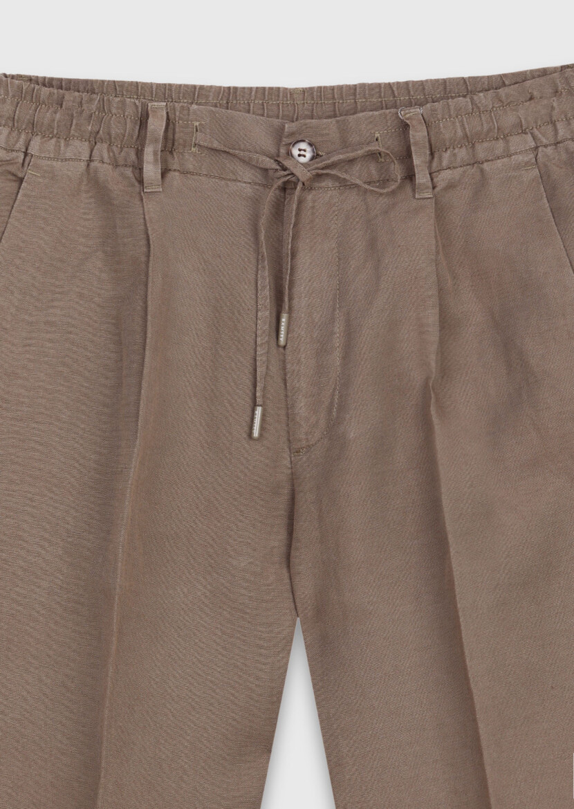 Khaki Weaving Jogging Fit Casual Linen Blended Trousers - 6