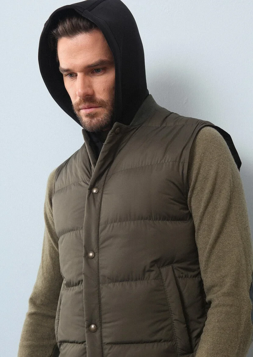 Khaki Weaving Puffer Vest - 1