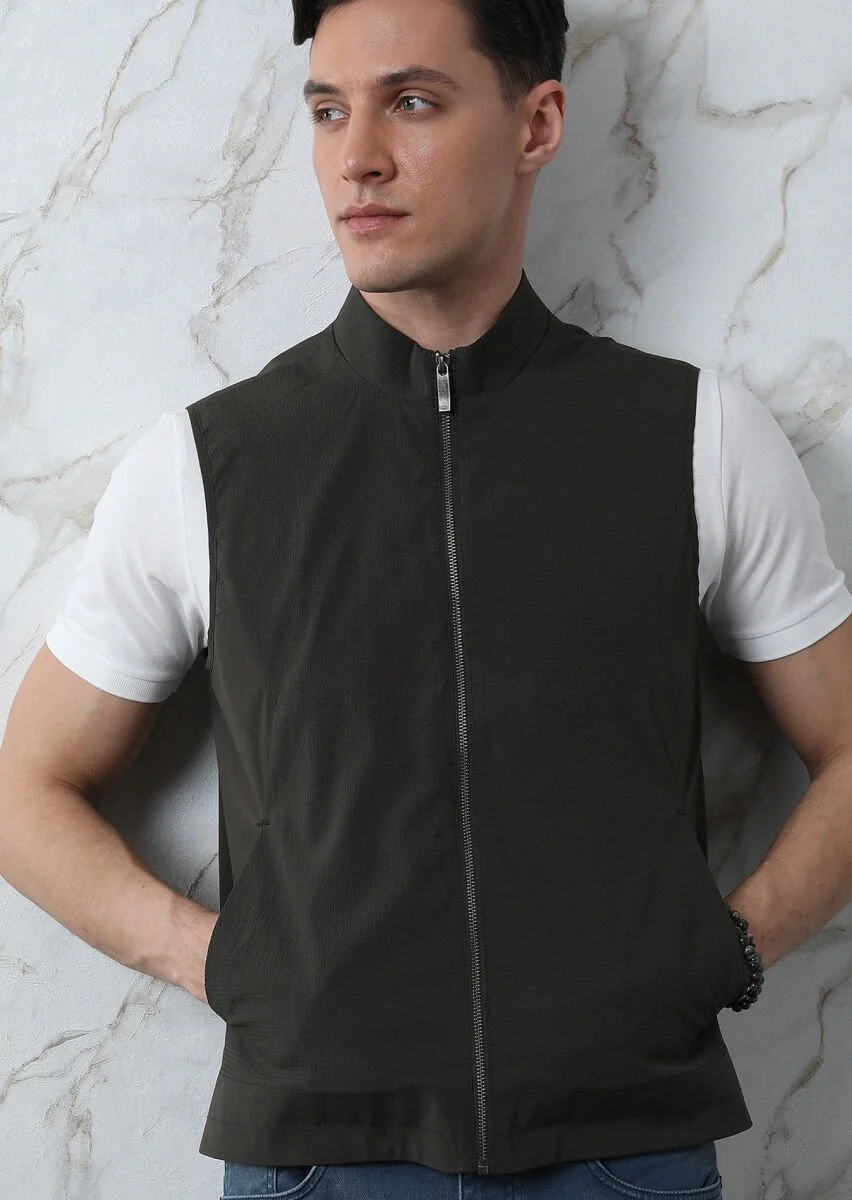 Khaki Weaving Puffer Vest - 3