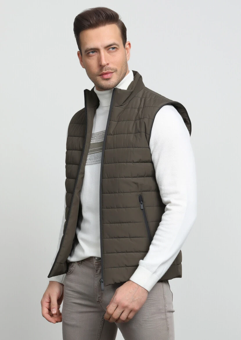 Khaki Weaving Puffer Vest - 1
