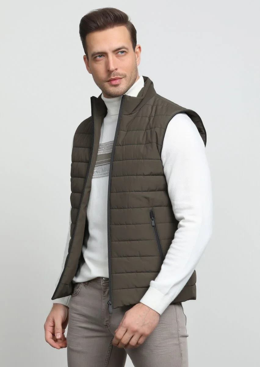 Khaki Weaving Puffer Vest - 1