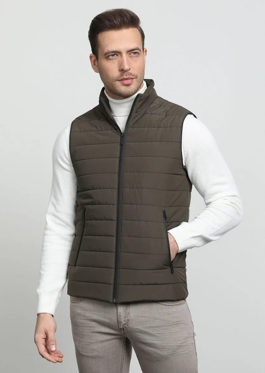 Khaki Weaving Puffer Vest - 3