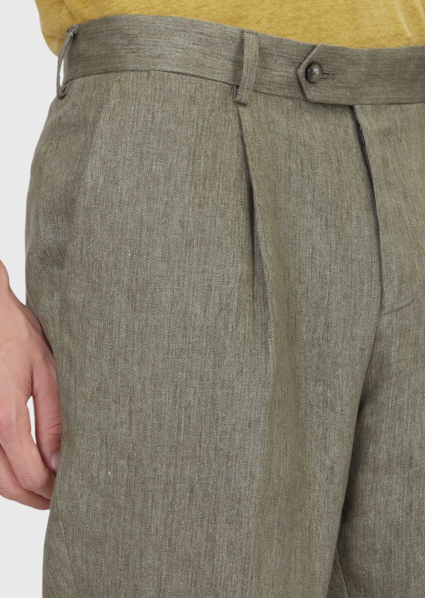 Khaki Weaving Regular Fit Casual 100% Linen Trousers - 4