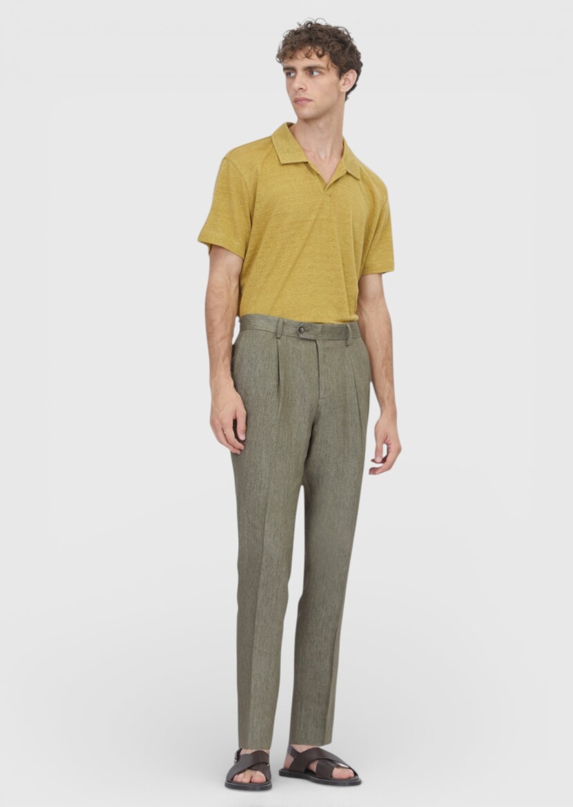 Khaki Weaving Regular Fit Casual 100% Linen Trousers - RAMSEY