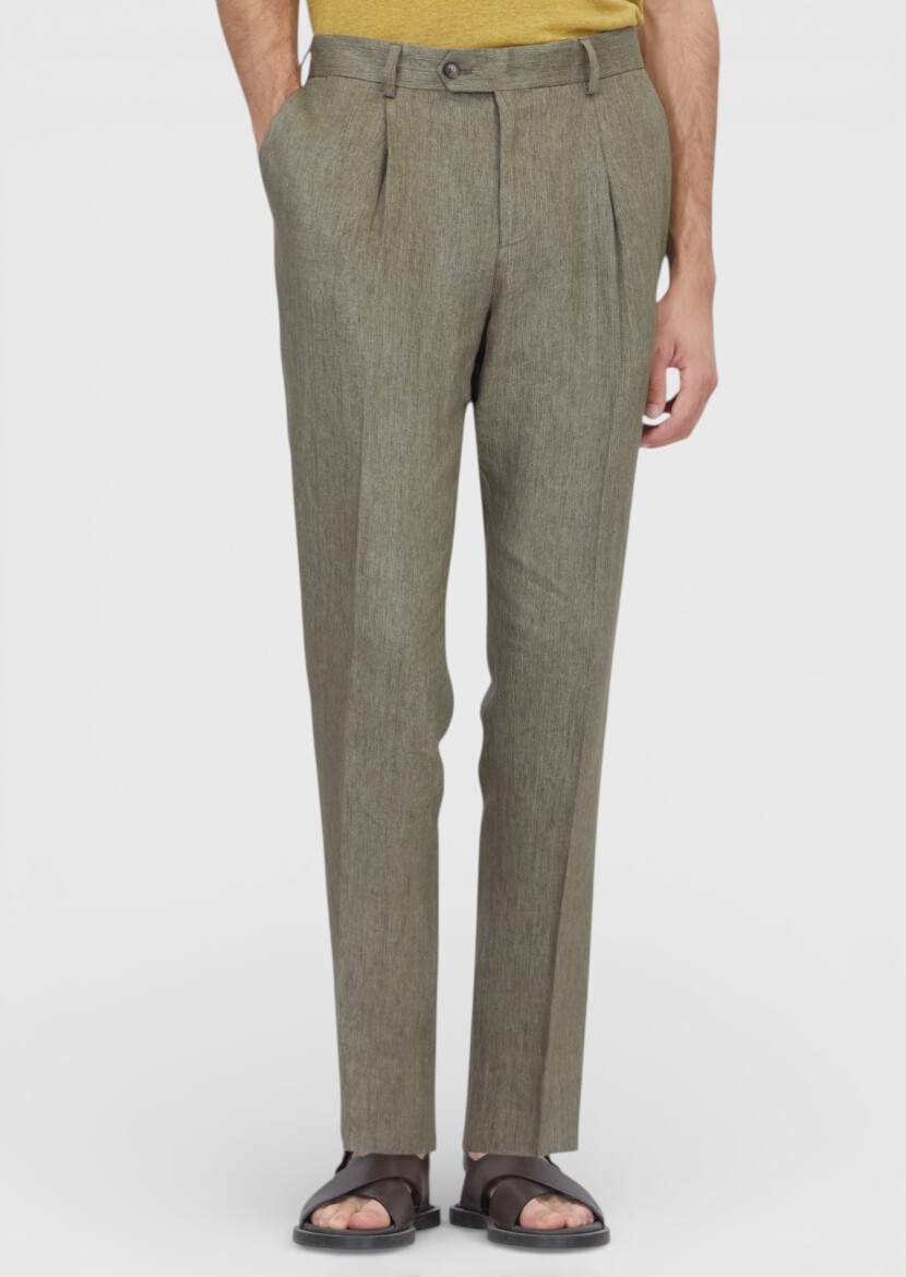 Khaki Weaving Regular Fit Casual 100% Linen Trousers - RAMSEY