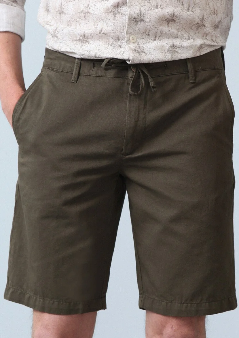 Khaki Weaving Regular Fit Casual Cotton Blended Bermuda - 3