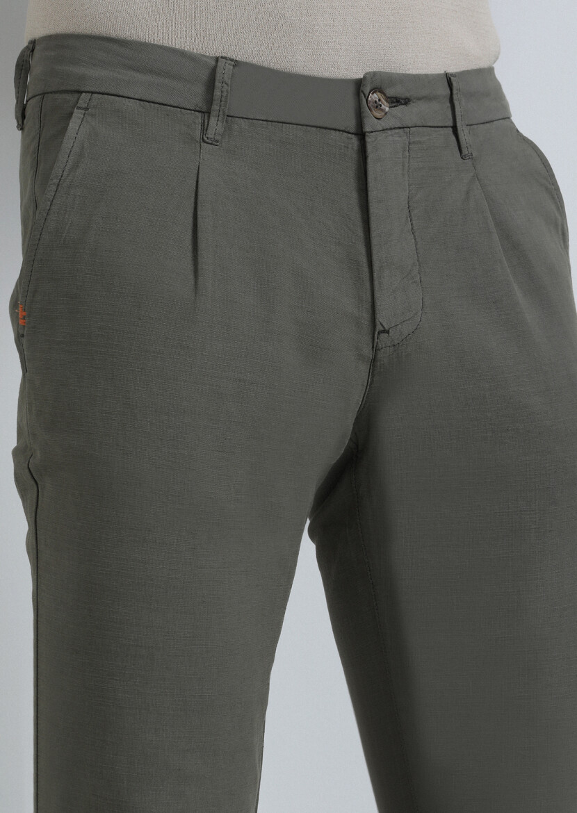 Khaki Weaving Regular Fit Casual Cotton Blended Trousers - 3