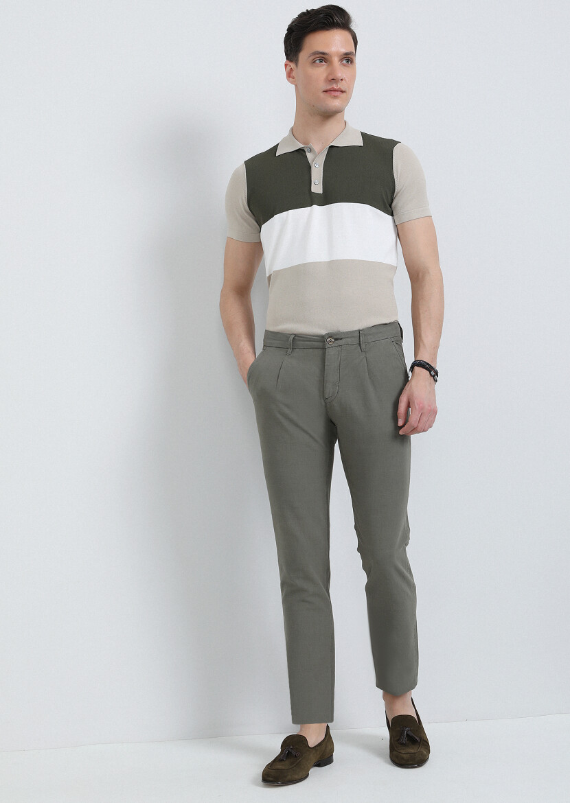 Khaki Weaving Regular Fit Casual Cotton Blended Trousers - 4