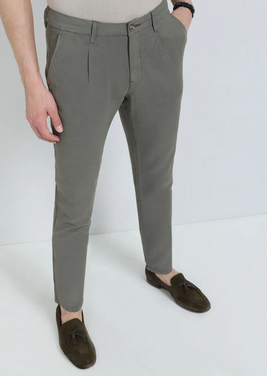 Khaki Weaving Regular Fit Casual Cotton Blended Trousers - 2