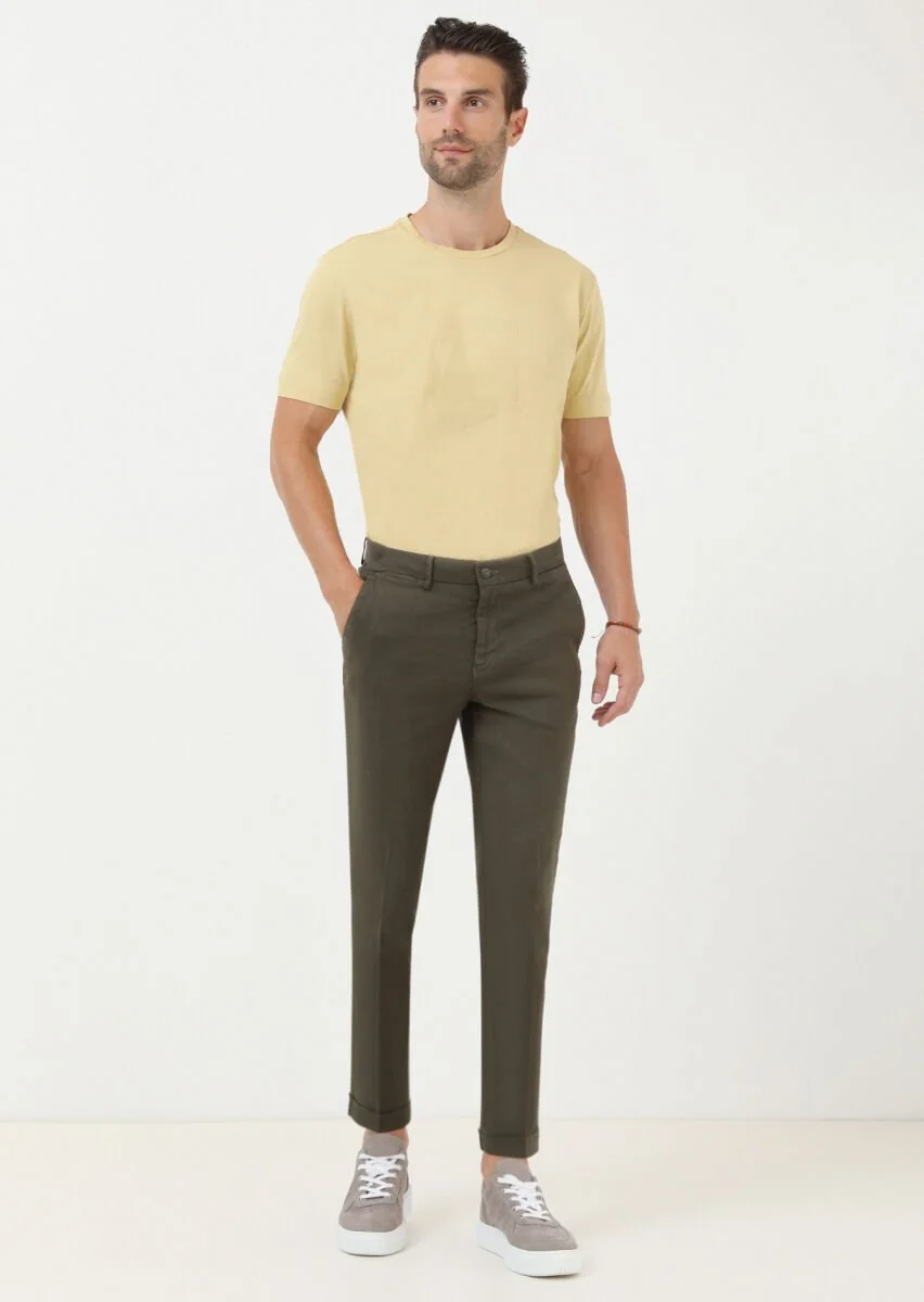 Khaki Weaving Regular Fit Casual Cotton Blended Trousers - 2