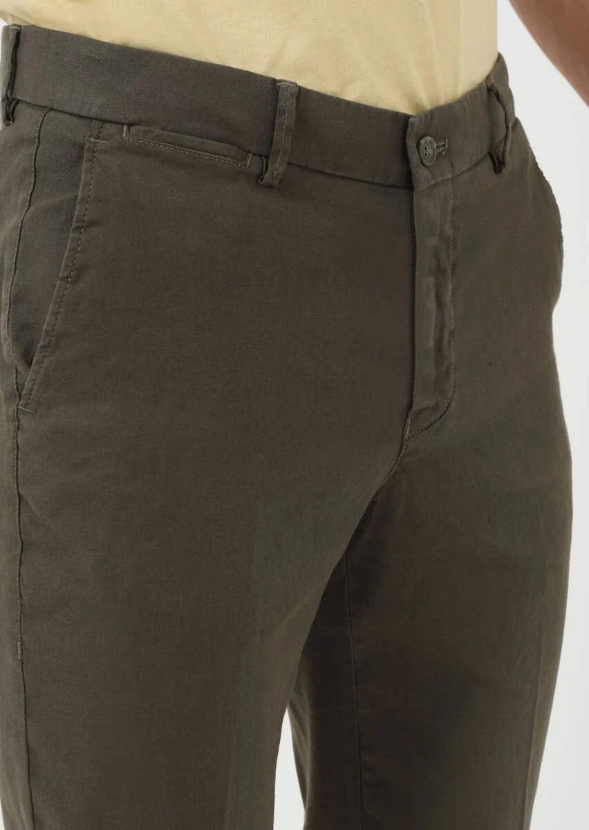 Khaki Weaving Regular Fit Casual Cotton Blended Trousers - 3