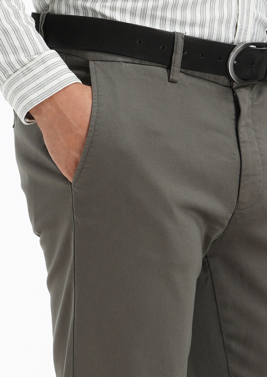 Khaki Weaving Regular Fit Casual Cotton Blended Trousers - 3