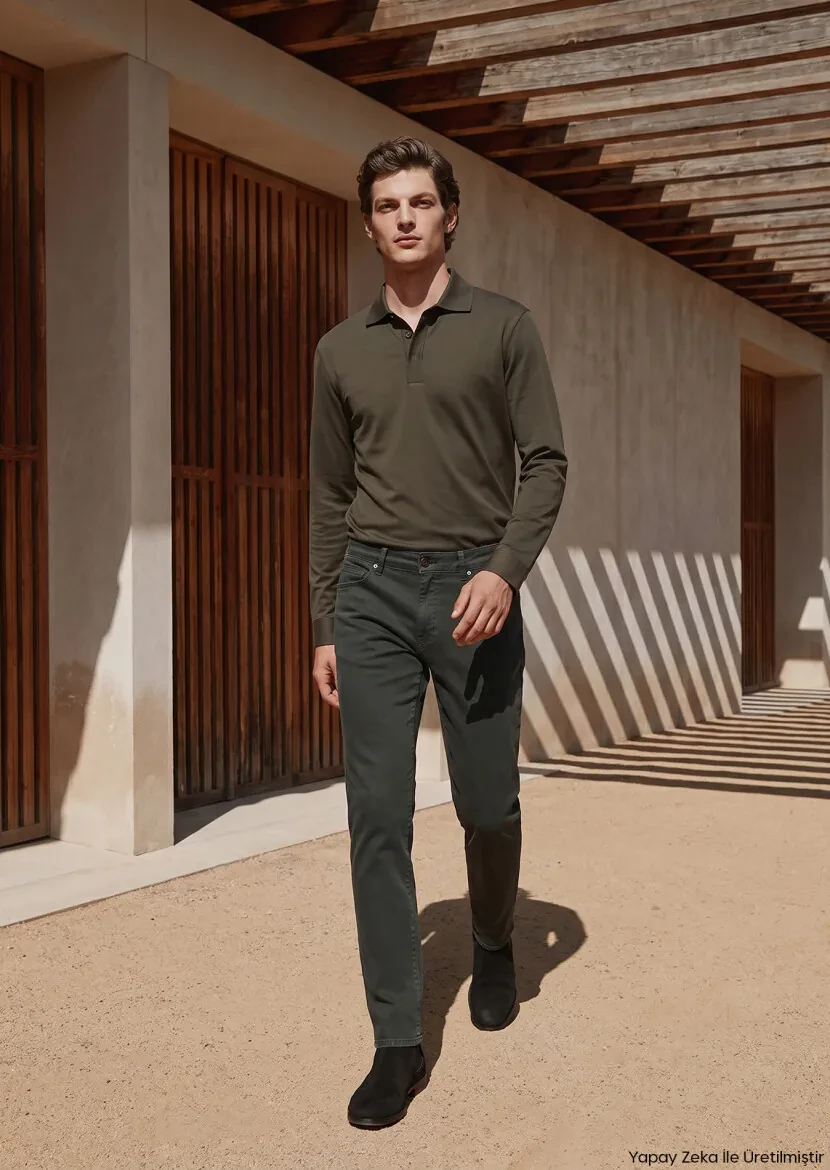 Khaki Weaving Regular Fit Casual Cotton Blended Trousers - RAMSEY