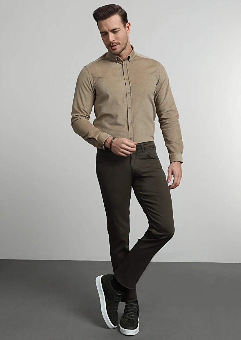 Khaki Weaving Slim Fit Casual Cotton Blended Trousers - 3
