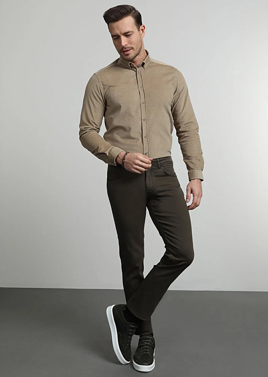 Khaki Weaving Slim Fit Casual Cotton Blended Trousers - 3