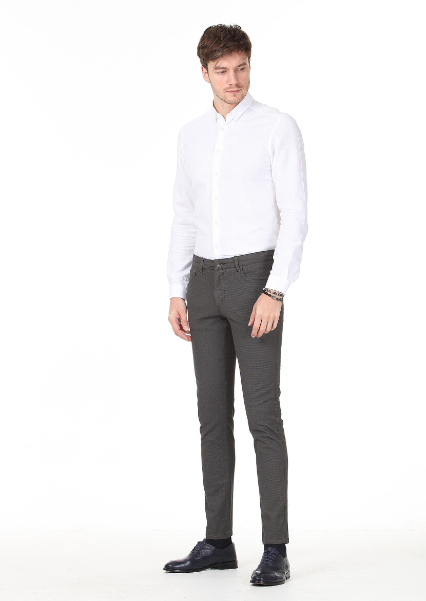 Khaki Weaving Slim Fit Casual Cotton Blended Trousers - 1