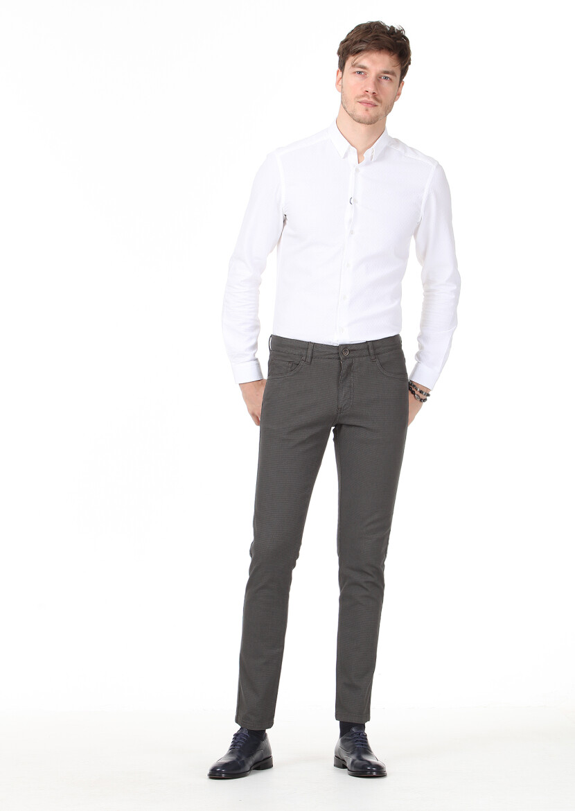 Khaki Weaving Slim Fit Casual Cotton Blended Trousers - 2
