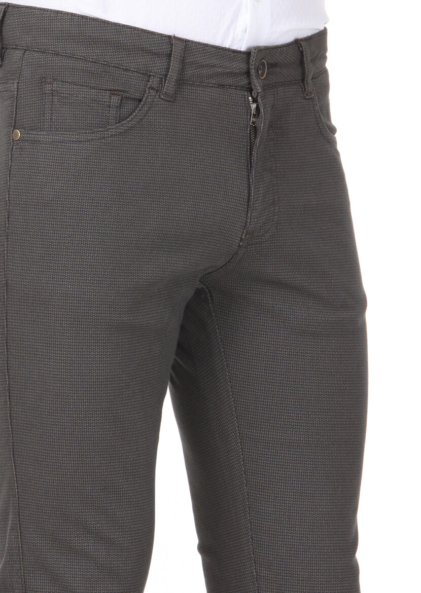 Khaki Weaving Slim Fit Casual Cotton Blended Trousers - 3