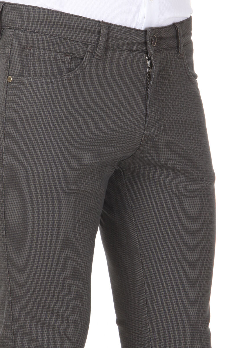 Khaki Weaving Slim Fit Casual Cotton Blended Trousers - 3