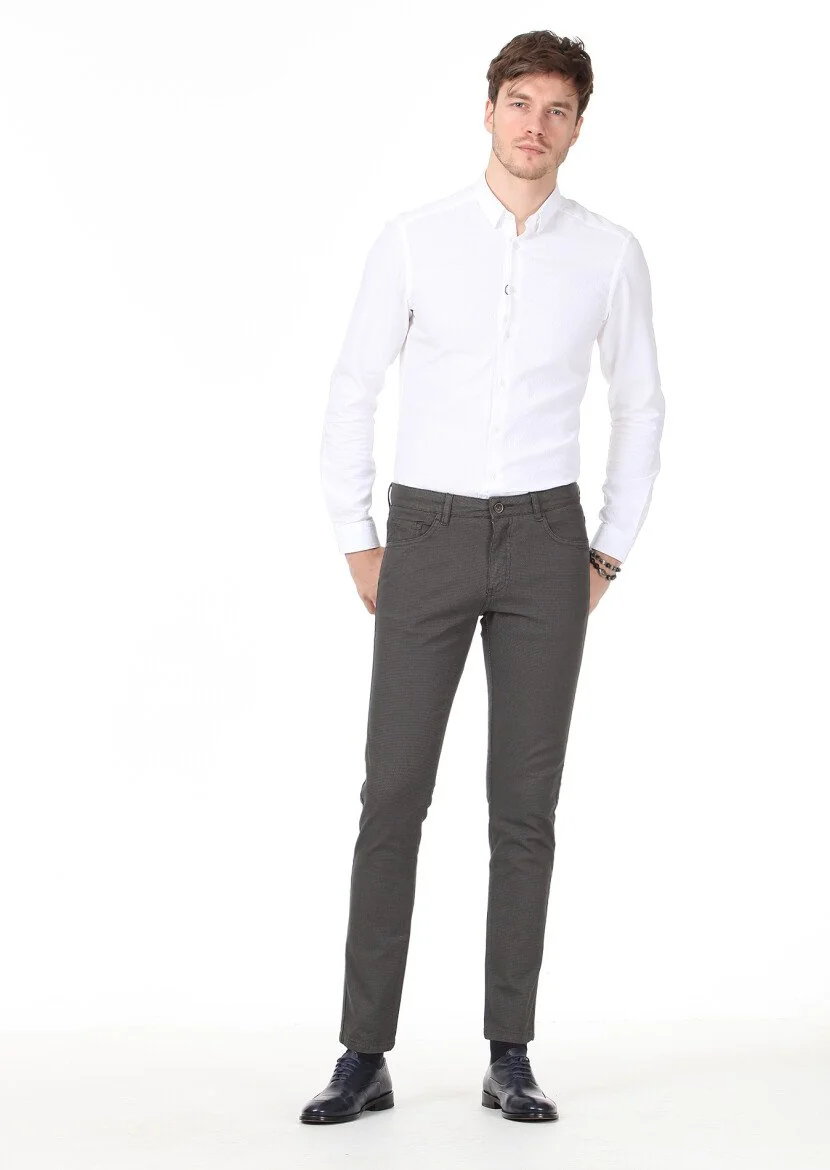 Khaki Weaving Slim Fit Casual Cotton Blended Trousers 
