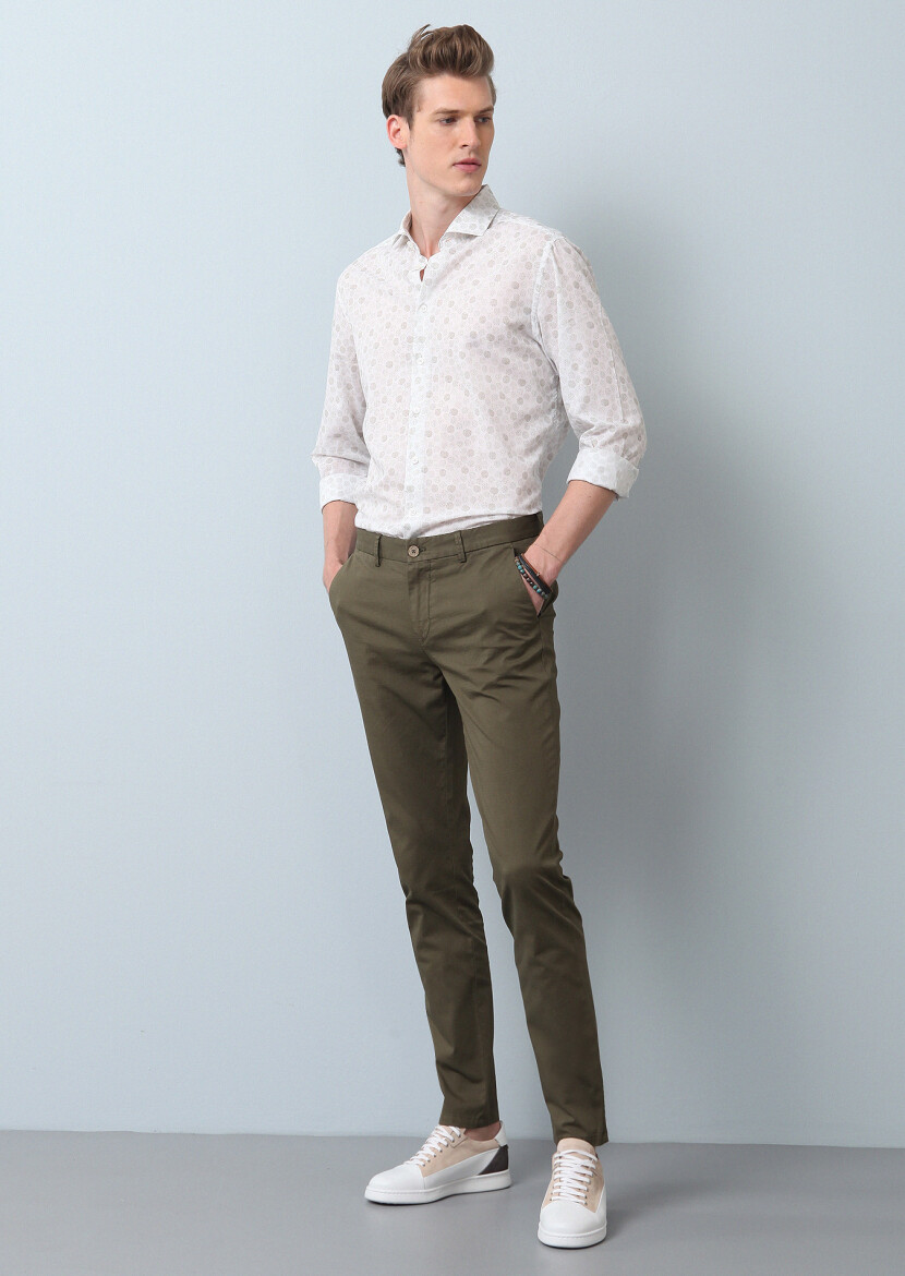 Khaki Weaving Slim Fit Casual Cotton Blended Trousers - 1