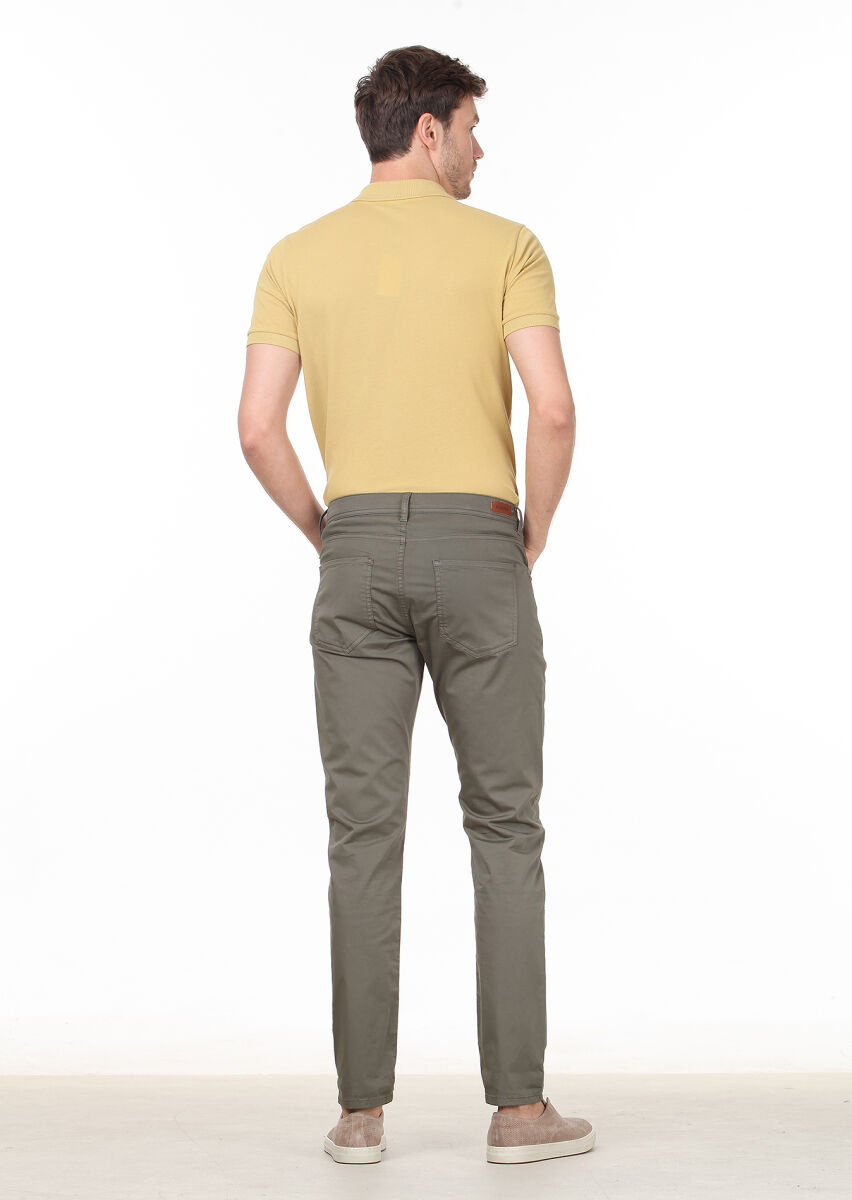 Khaki Weaving Slim Fit Casual Cotton Blended Trousers - 4
