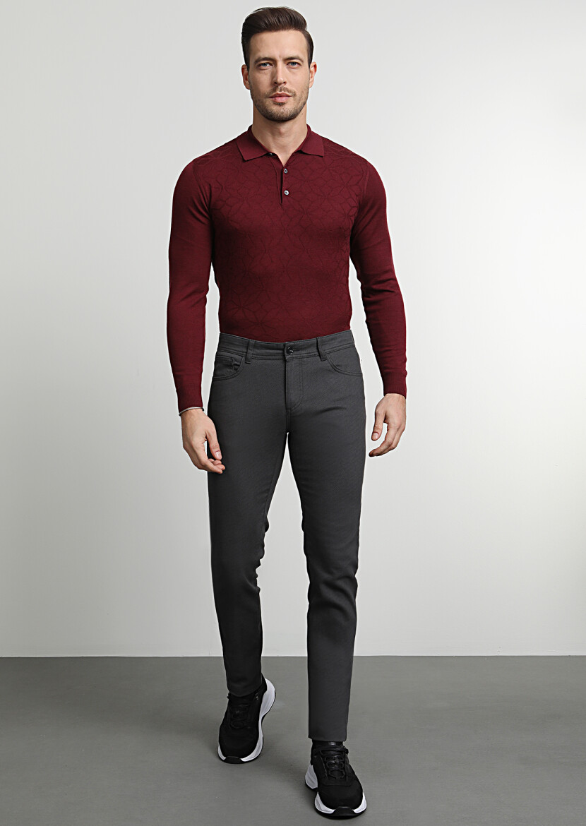 Khaki Weaving Slim Fit Casual Cotton Blended Trousers - 1