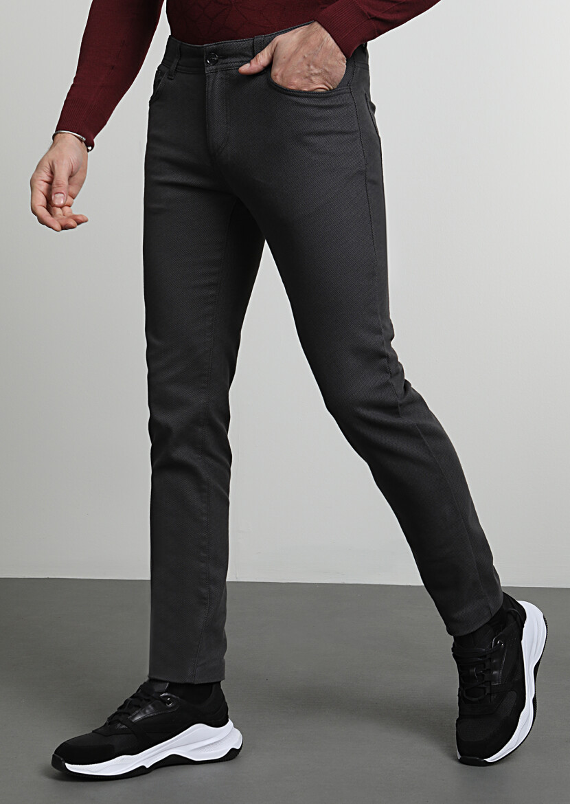 Khaki Weaving Slim Fit Casual Cotton Blended Trousers - 3