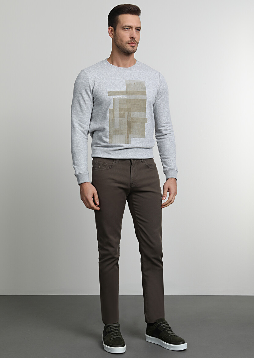 Khaki Weaving Slim Fit Casual Cotton Blended Trousers - 1