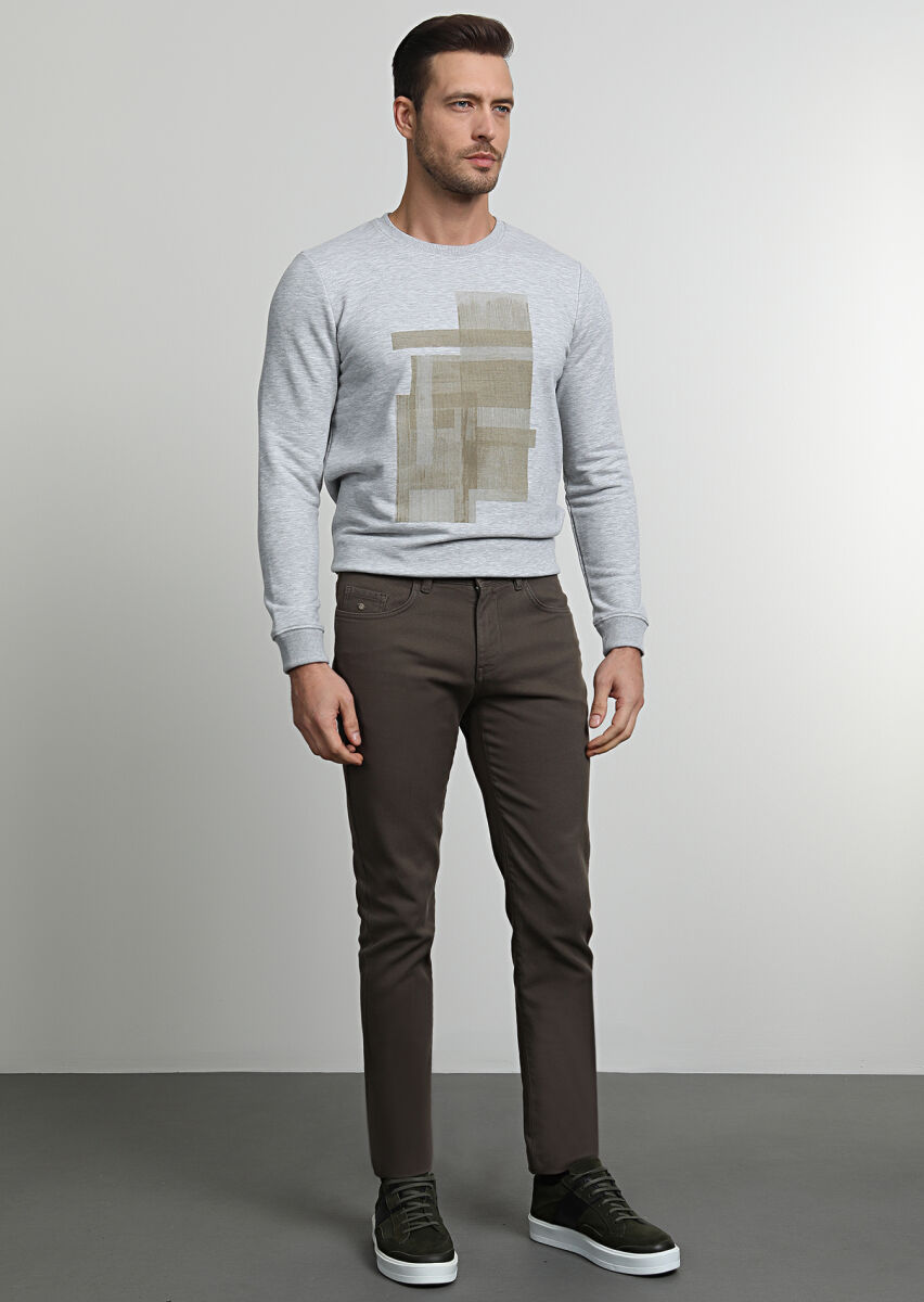 Khaki Weaving Slim Fit Casual Cotton Blended Trousers - 1