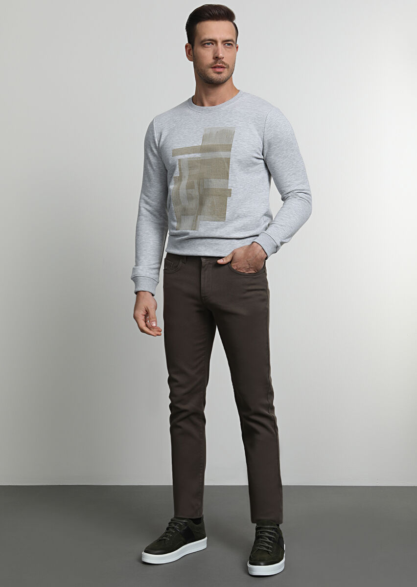 Khaki Weaving Slim Fit Casual Cotton Blended Trousers - 3