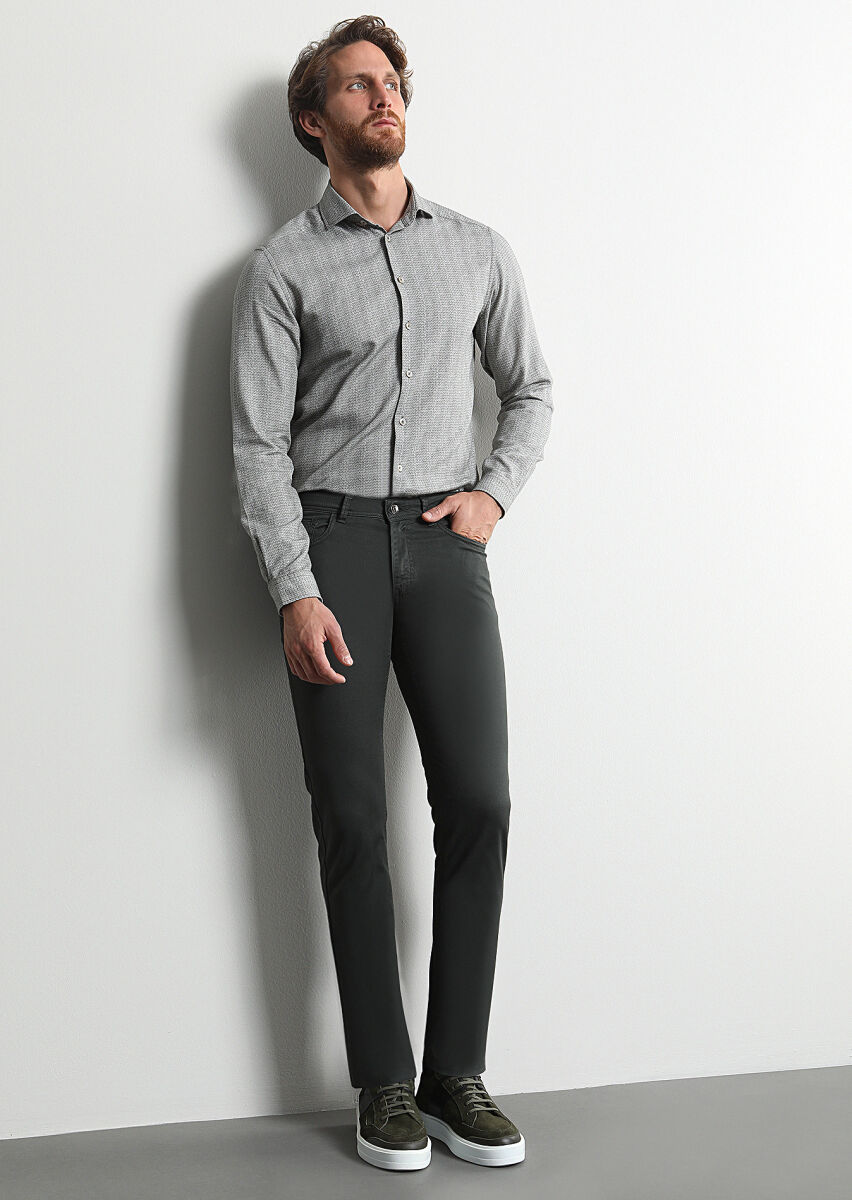 Khaki Weaving Slim Fit Casual Cotton Blended Trousers - 1
