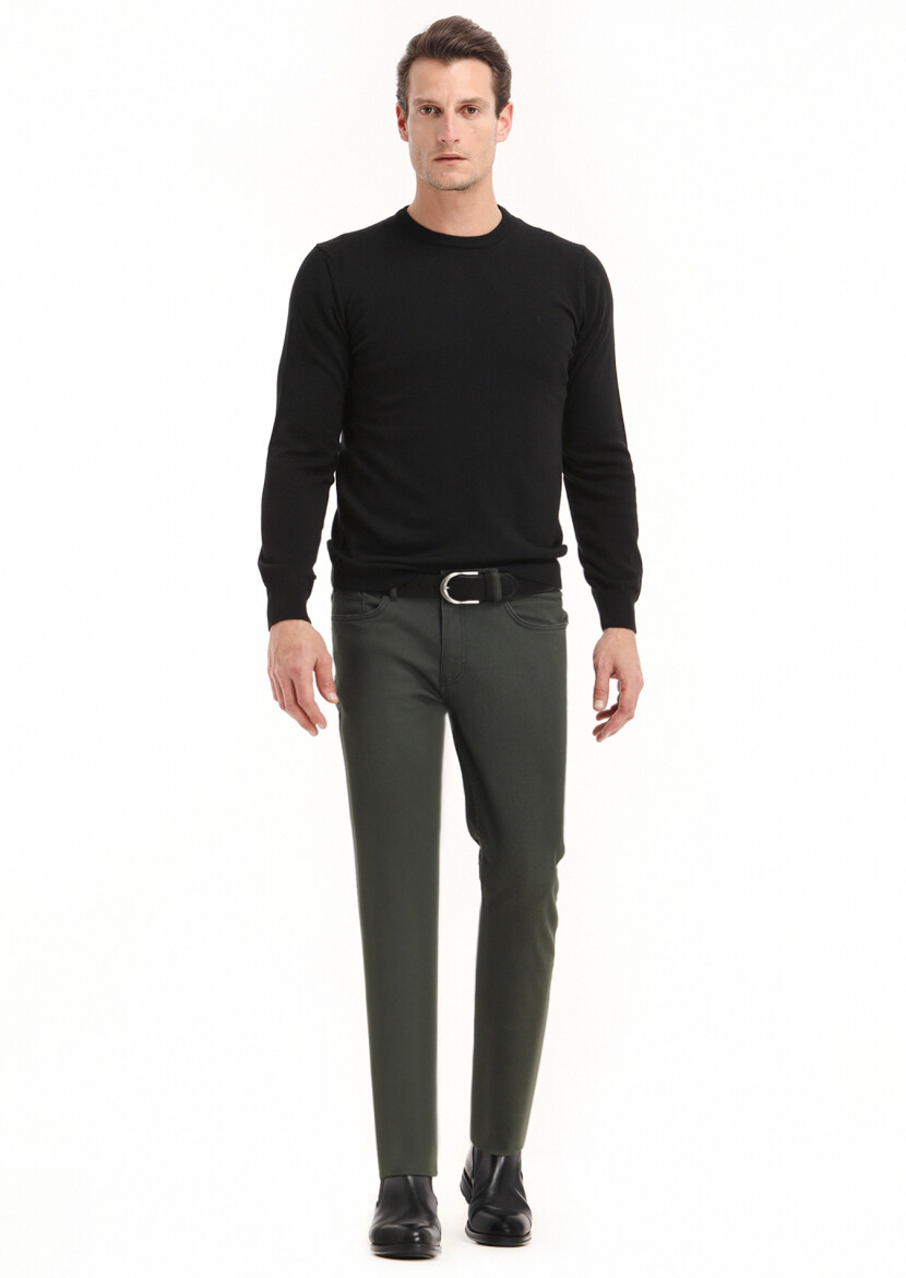 Khaki Weaving Slim Fit Casual Cotton Blended Trousers - 1