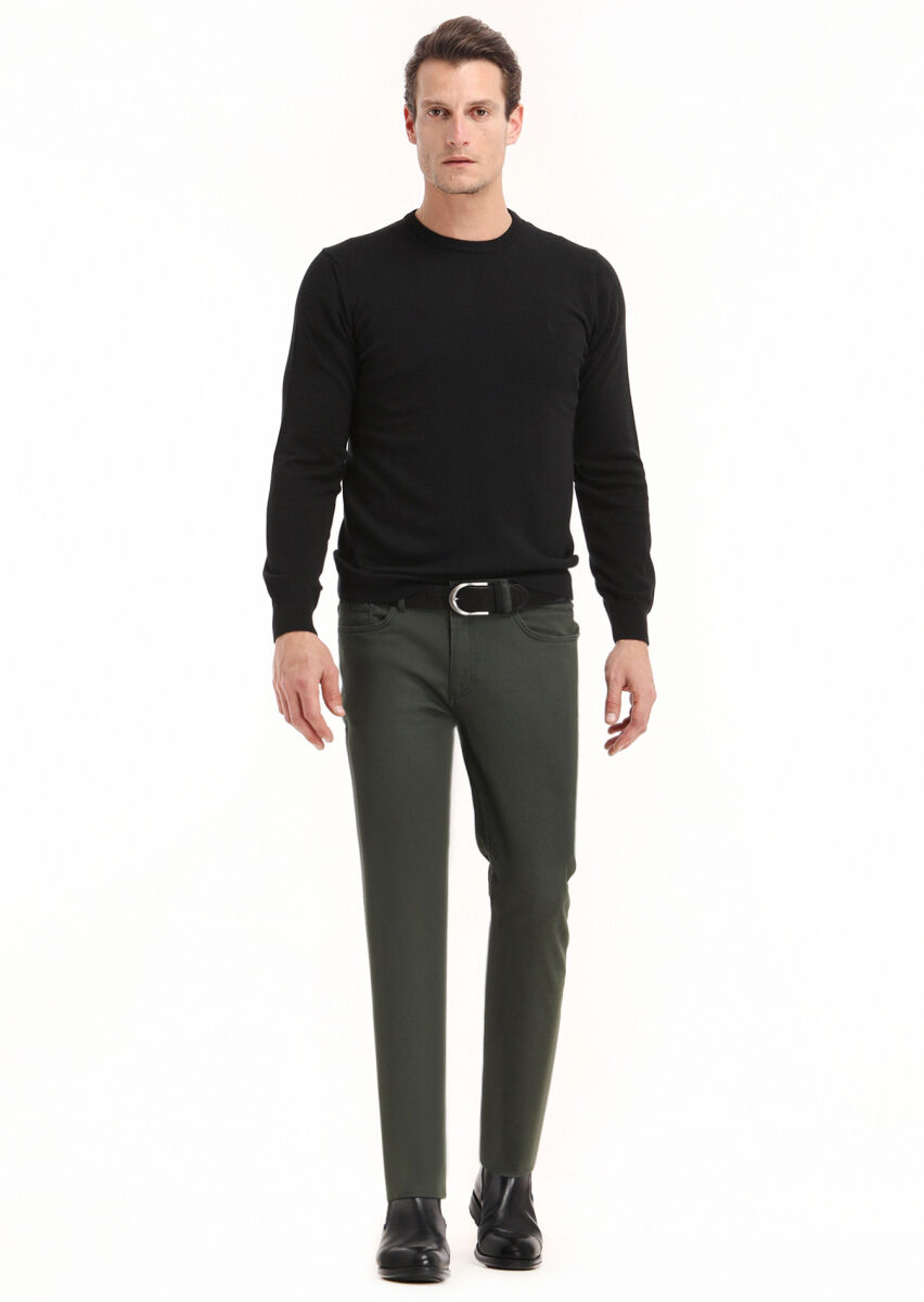 Khaki Weaving Slim Fit Casual Cotton Blended Trousers - 1
