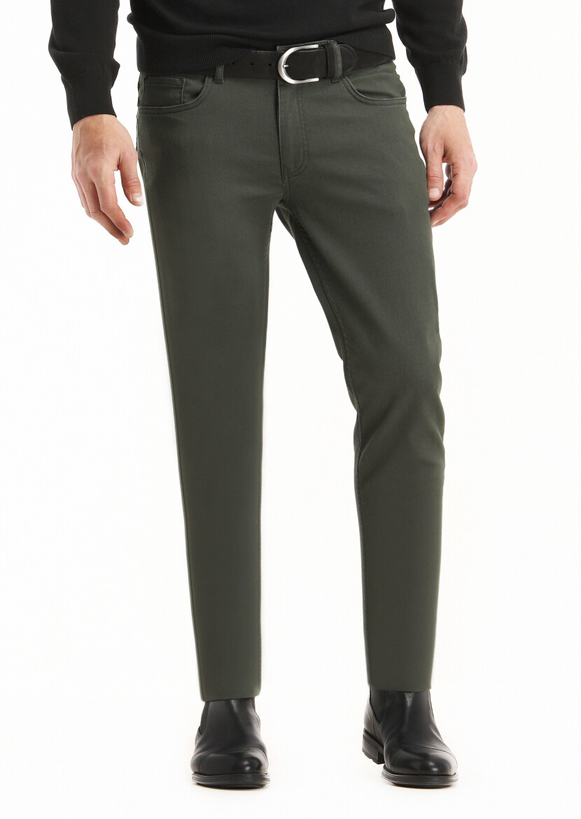 Khaki Weaving Slim Fit Casual Cotton Blended Trousers - 2