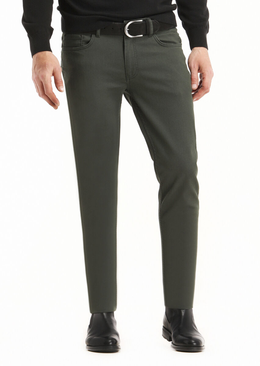 Khaki Weaving Slim Fit Casual Cotton Blended Trousers - 2