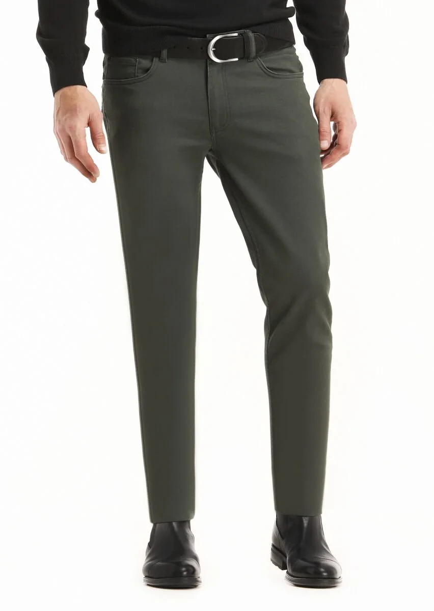 Khaki Weaving Slim Fit Casual Cotton Blended Trousers - 2