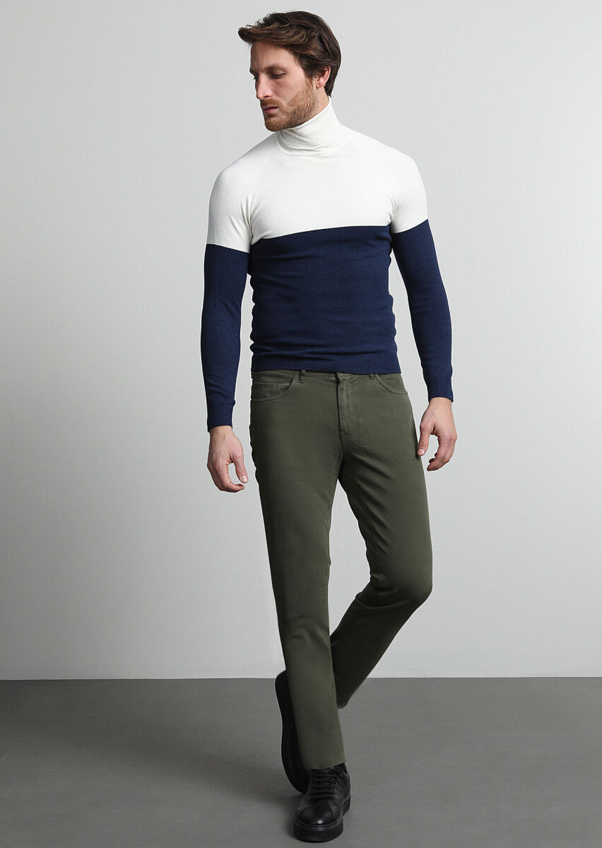 Khaki Weaving Slim Fit Casual Cotton Blended Trousers - 1