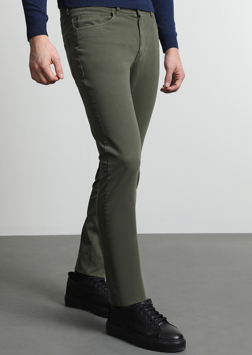 Khaki Weaving Slim Fit Casual Cotton Blended Trousers 