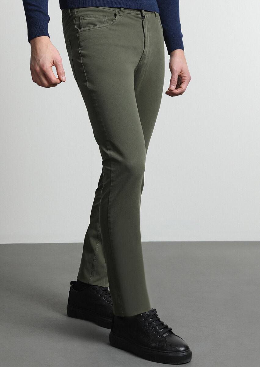 Khaki Weaving Slim Fit Casual Cotton Blended Trousers - 2