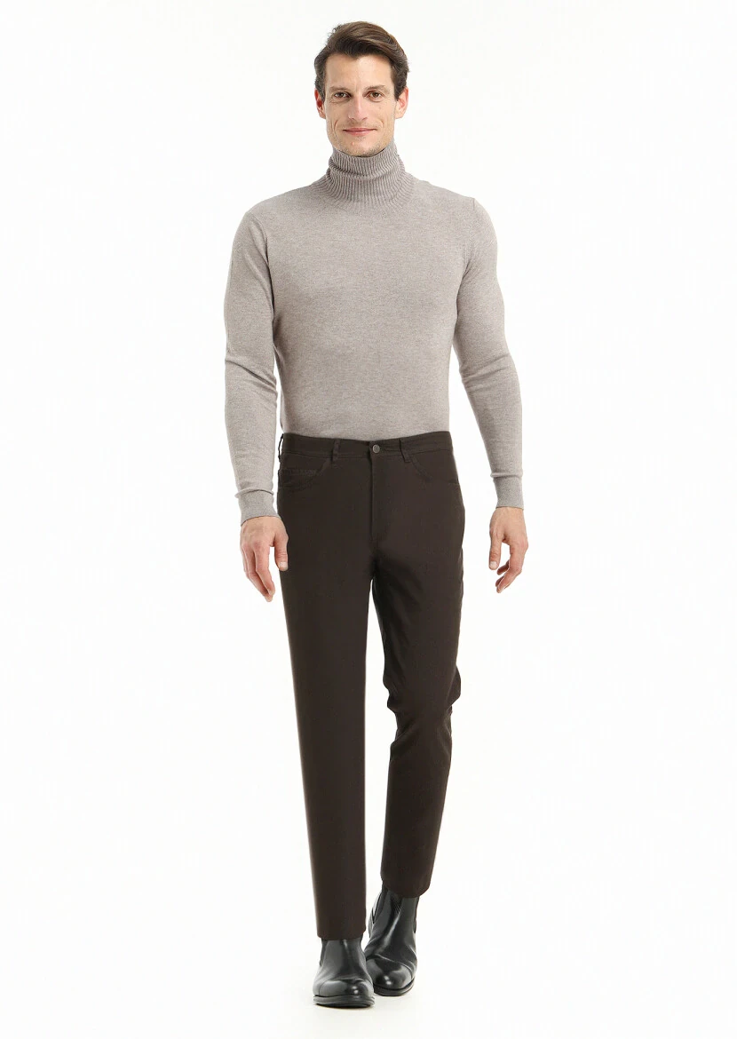 Khaki Weaving Slim Fit Casual Cotton Blended Trousers - 1