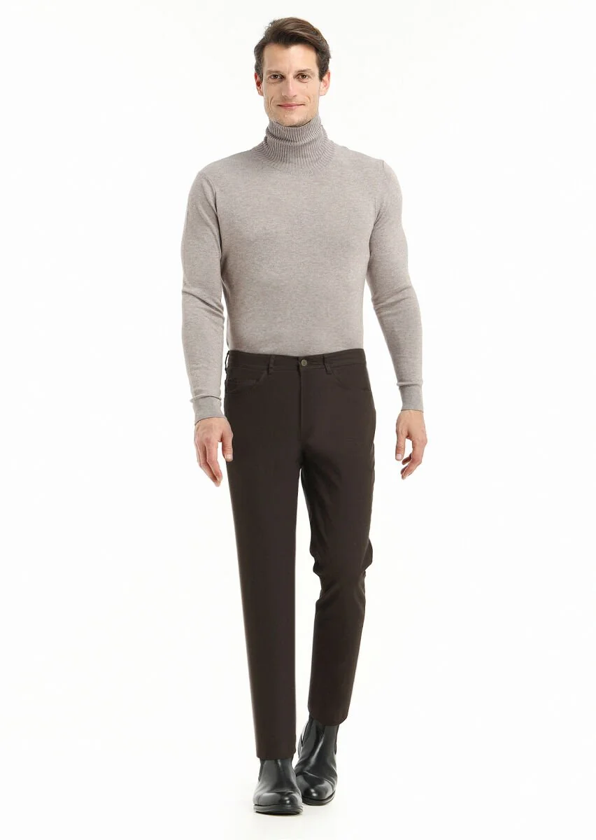 Khaki Weaving Slim Fit Casual Cotton Blended Trousers - 1