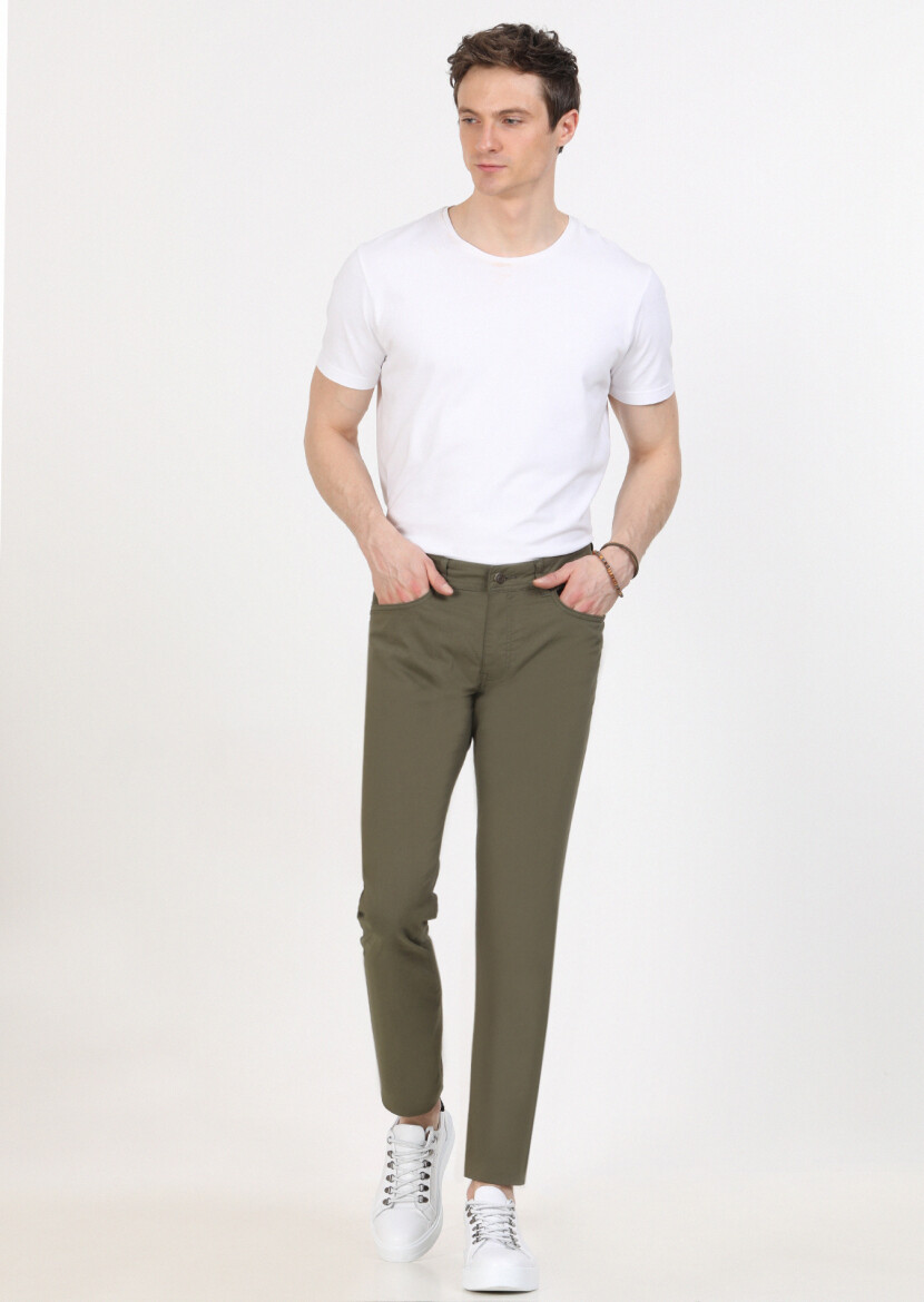 Khaki Weaving Slim Fit Casual Cotton Blended Trousers - 1