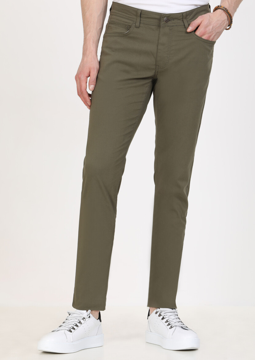 Khaki Weaving Slim Fit Casual Cotton Blended Trousers 