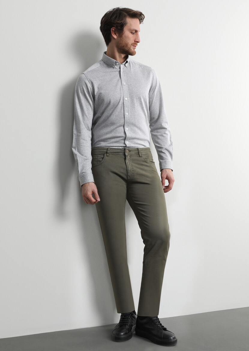 Khaki Weaving Slim Fit Casual Cotton Blended Trousers - 1