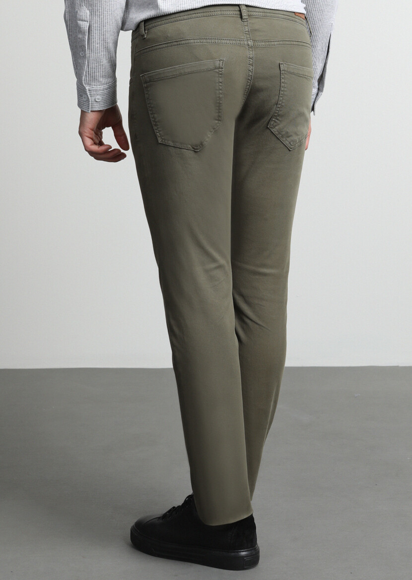 Khaki Weaving Slim Fit Casual Cotton Blended Trousers - 3